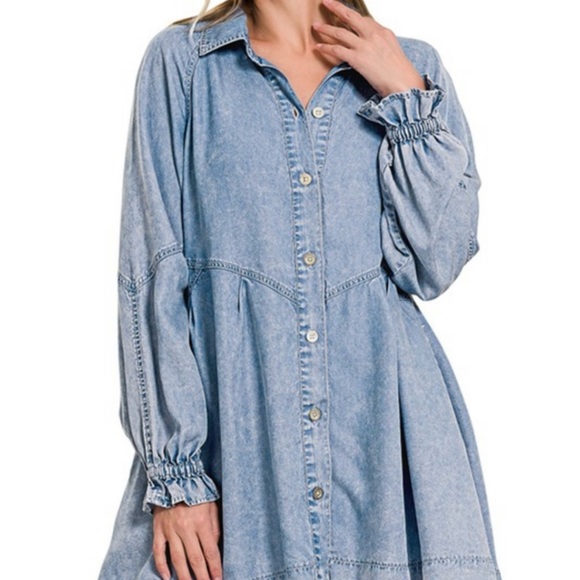 Zenana Sunflower Fields Full size Button-Up Chambray Swing Tunic Size L - Picture 1 of 11